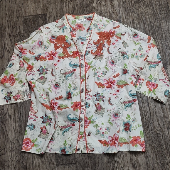 Cato full Button front embroidered 3/4 sleeve crochet trim Floral blouse Size 18 - Picture 1 of 15